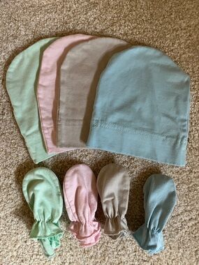 4 Baby Pastel Beanie and Mitten Sets - Mint, Pink, Taupe, Blue